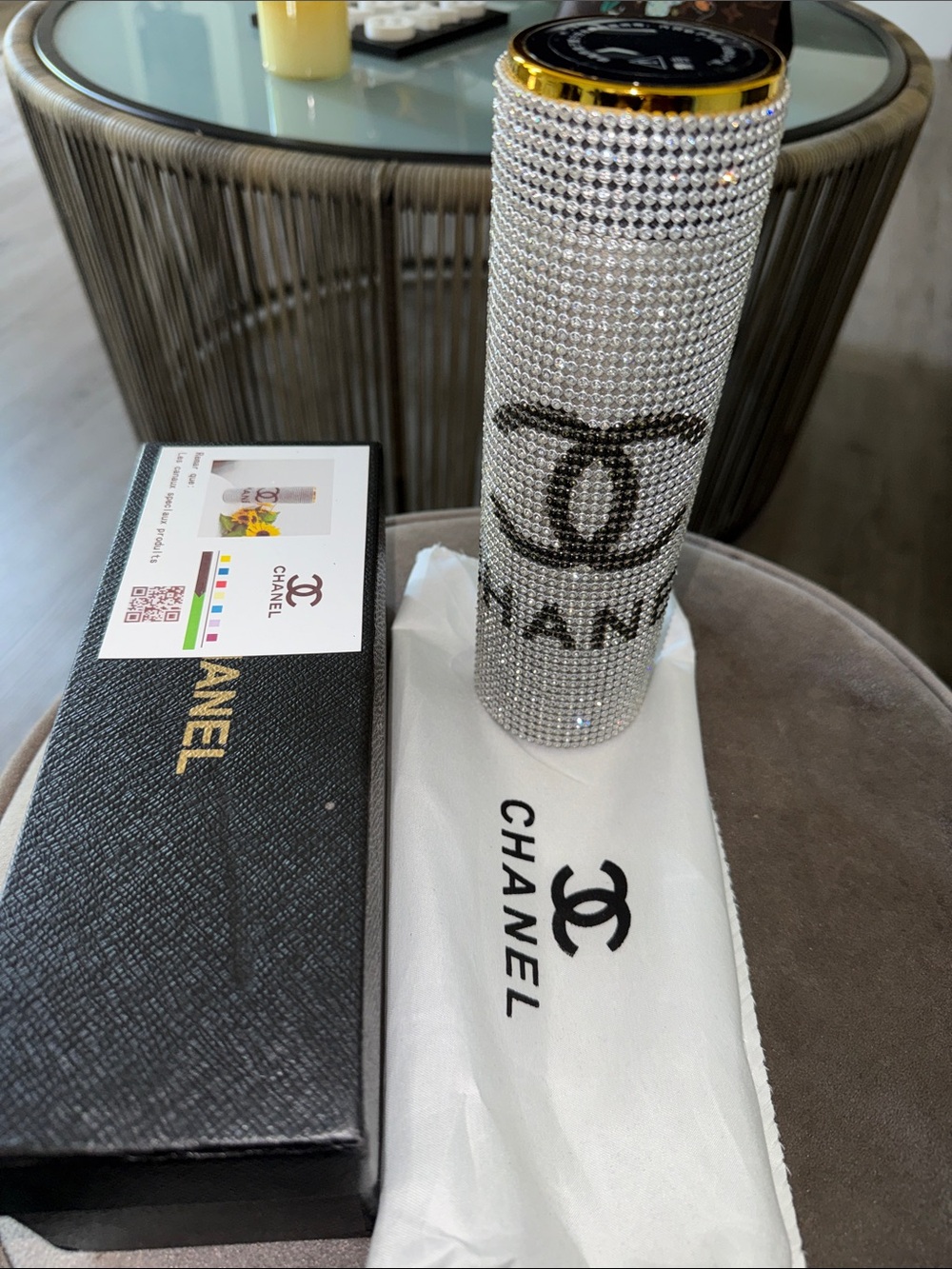 CHANEL Silver Crystal Tea Diffuser Mug Canister Stainless Flask Decor